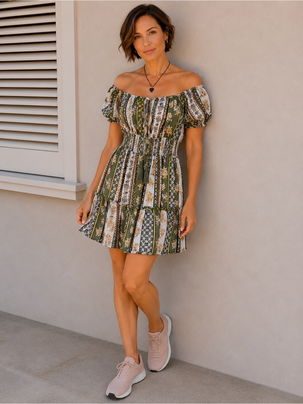 Justify Green & Tan Off-Shoulder Puff Sleeve Mini Sundress Smocked Waist Peasant